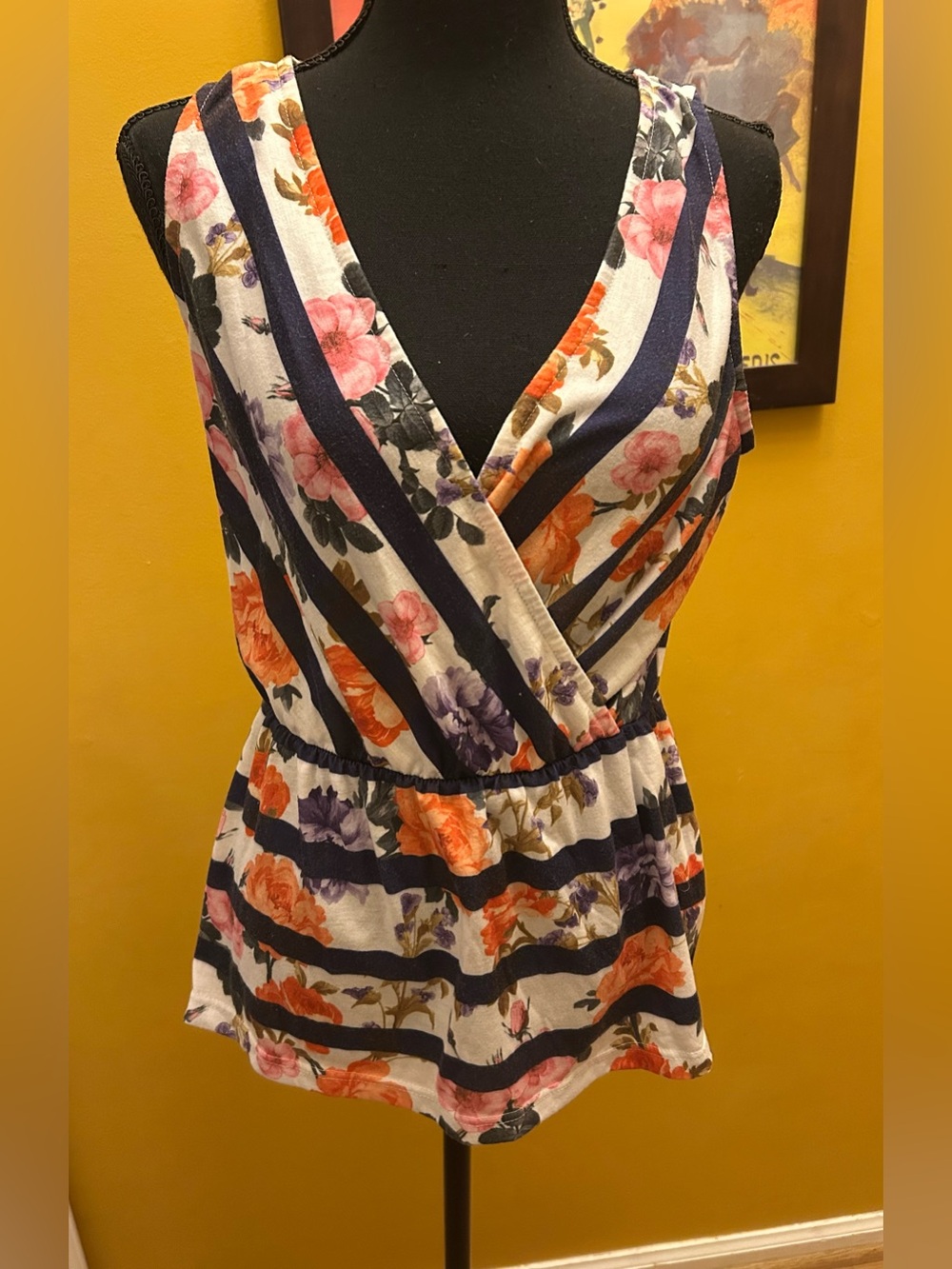 Venus Blue Striped Floral Crossover Peplum Size Large